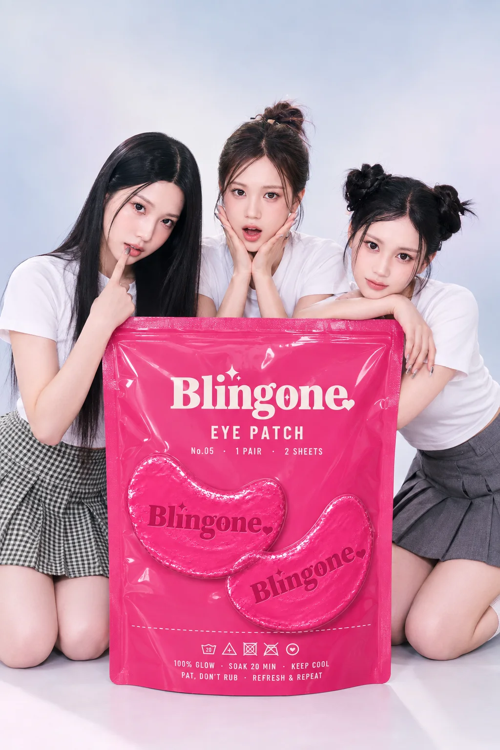 Three Blingone members with a giant pink eye patch pouch