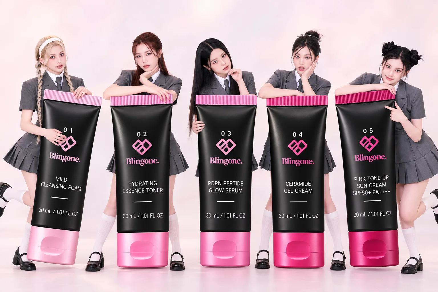 Five Blingone members with giant travel kit tubes 01 to 05